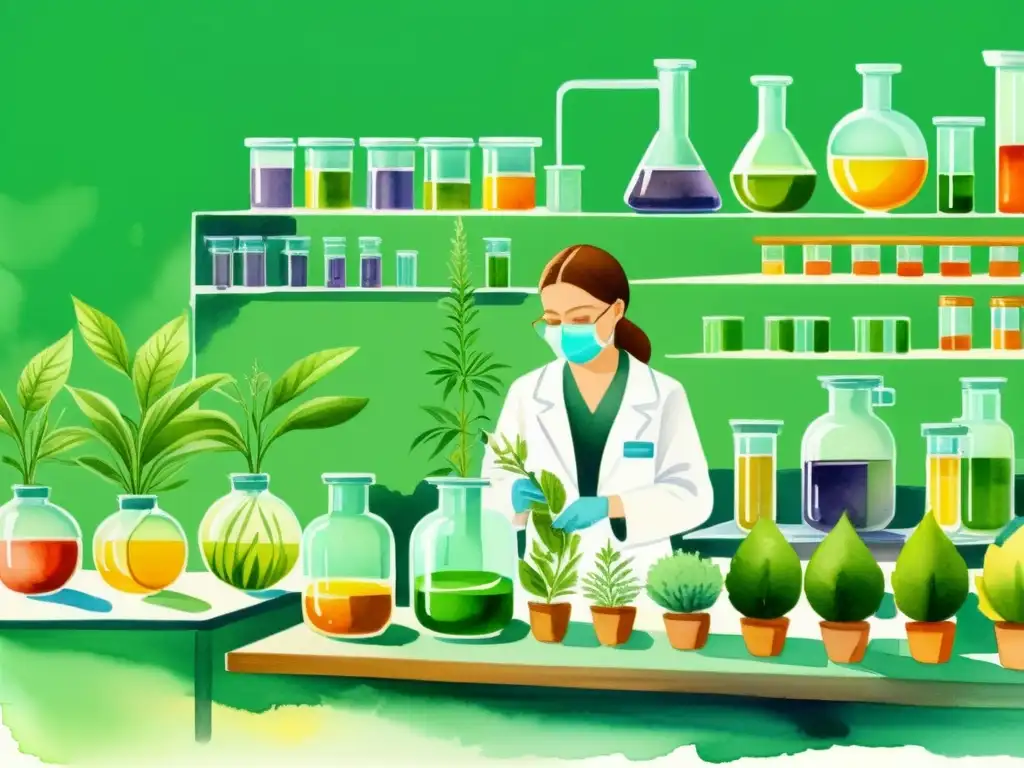 Vibrante ilustración acuarela de científicos preparando compuestos antibióticos de plantas medicinales