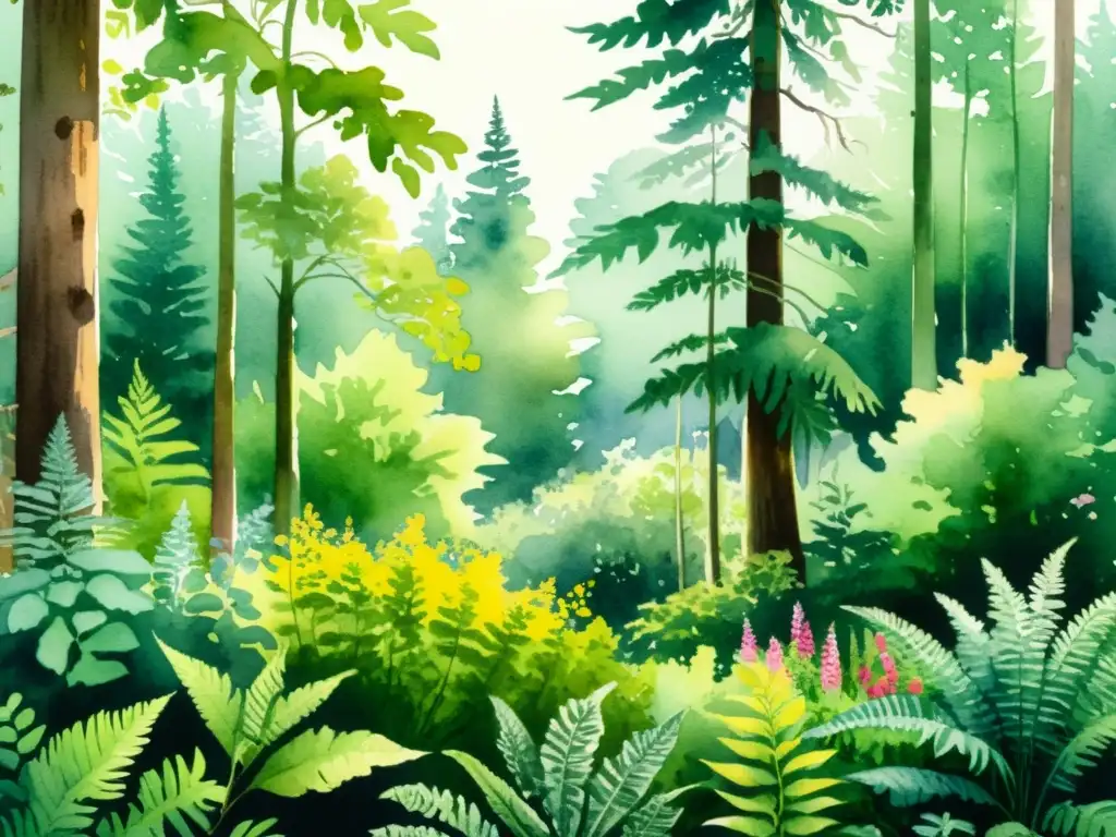 Vibrante ilustración acuarela de un claro en el bosque con plantas medicinales