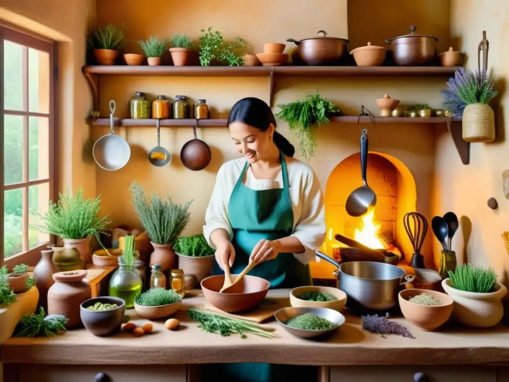 Una ilustración acuarela vibrante de una cocina tradicional llena de hierbas y plantas coloridas, con un sanador preparando una receta medicinal rodeado de utensilios de cocina antiguos y remedios naturales