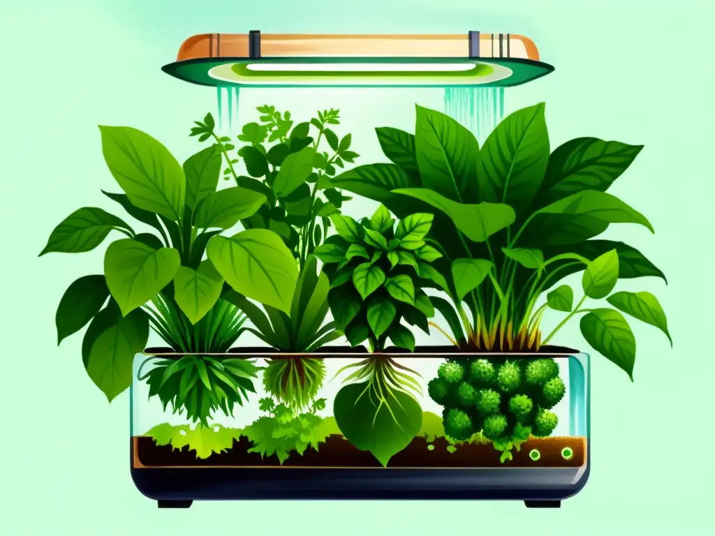 Vibrante ilustración de jardín hidropónico con condiciones óptimas para cultivo hidroponía