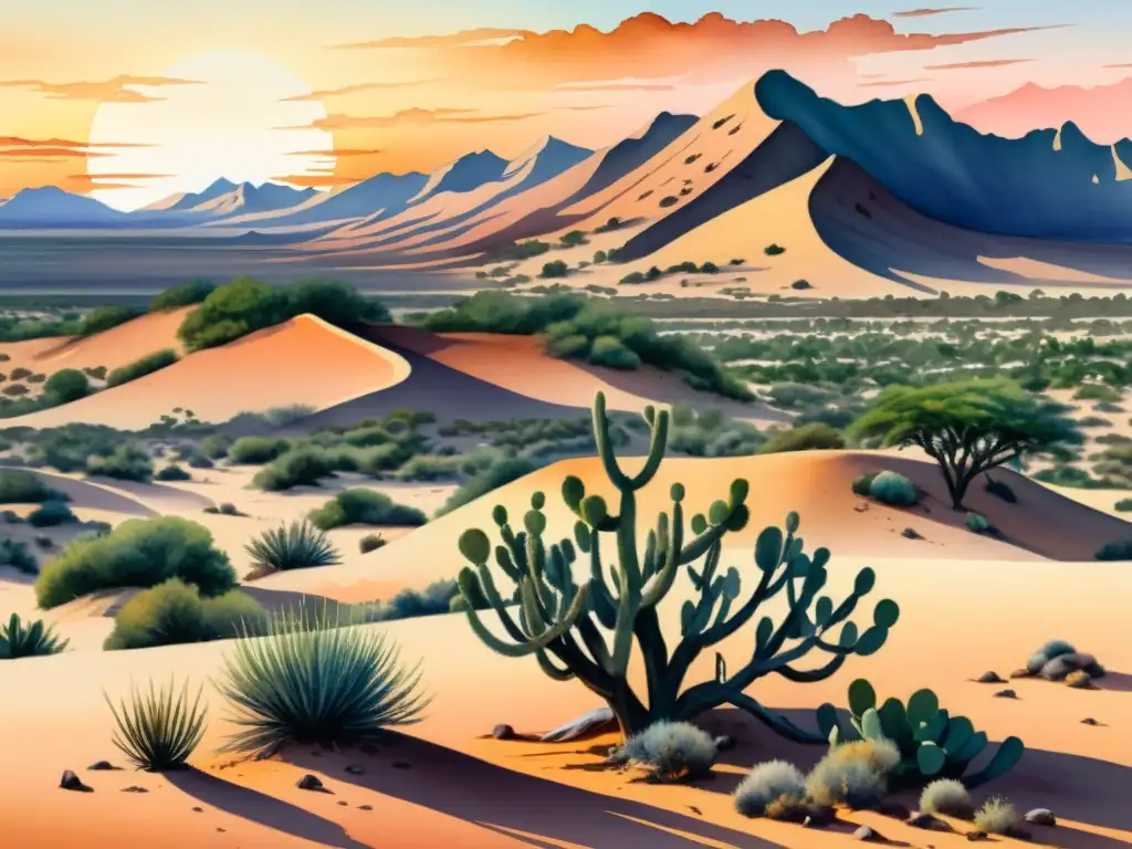 Vibrante ilustración acuarela del desierto del Sahara con plantas medicinales y tribu nómada al atardecer