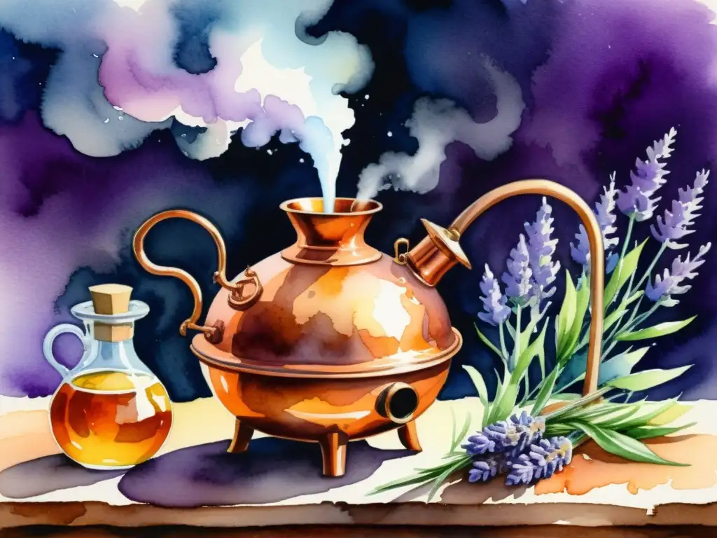 Vibrante ilustración de destilación de aceites esenciales en un alambique de cobre, con aromas de lavanda y romero