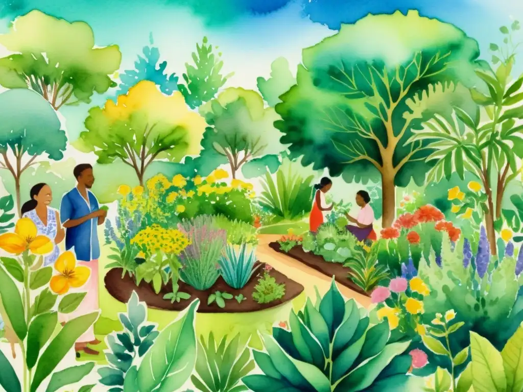 Vibrante ilustración acuarela de diversidad cultural y jardín herbal