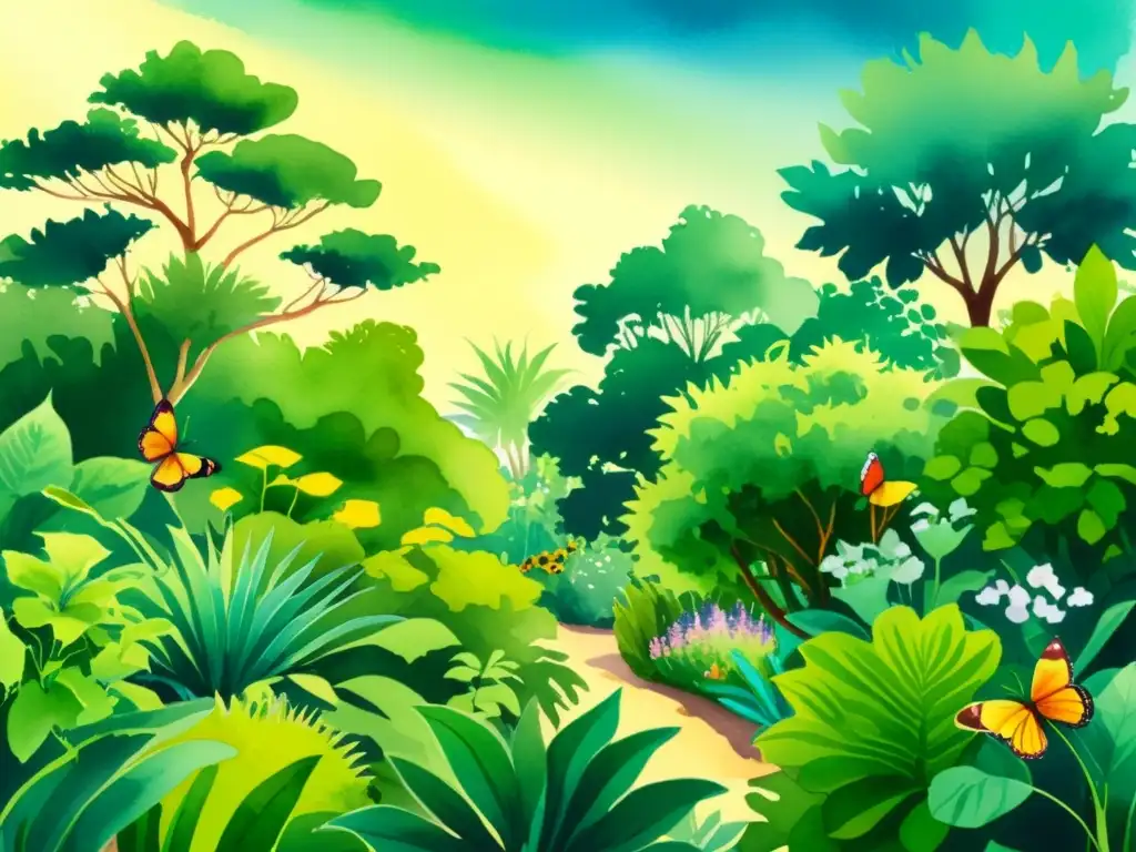 Un vibrante jardín botánico diverso, rebosante de vida con plantas exuberantes de distintas formas, tamaños y colores