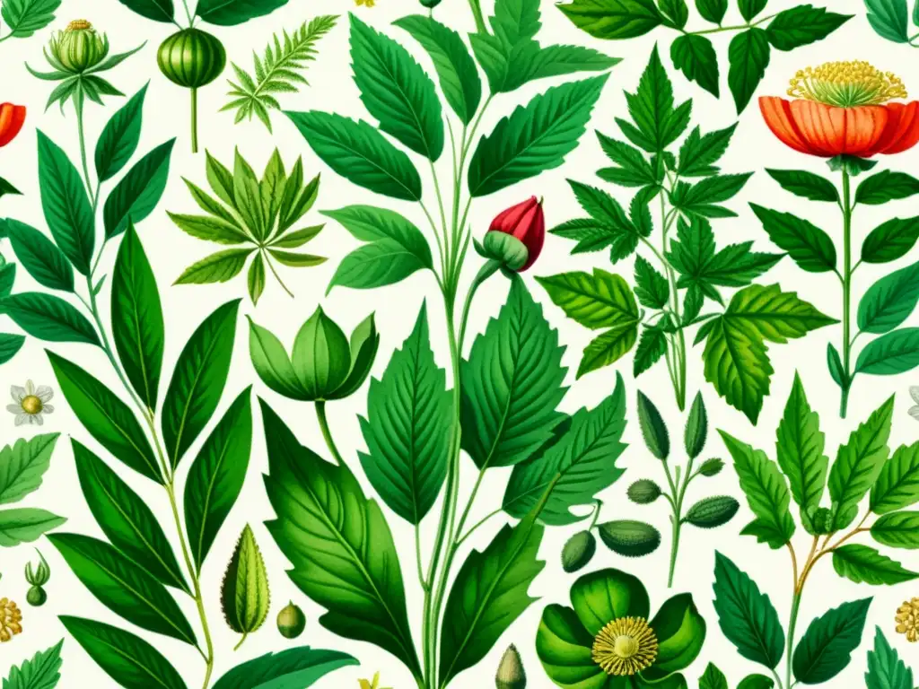 Vibrante ilustración botánica de jardín con drogas vegetales medicina moderna, lleno de plantas medicinales como adormidera, cannabis y coca