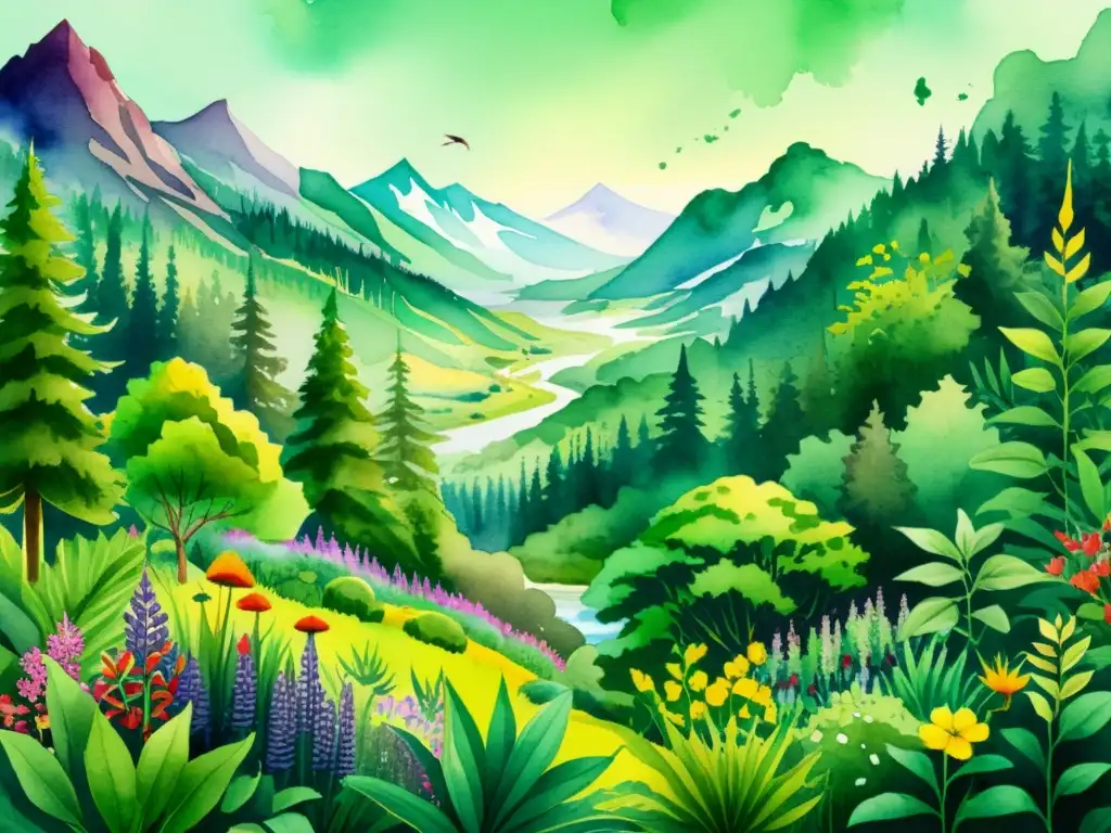 Vibrante ilustración acuarela de un ecosistema forestal diverso y exuberante, con plantas medicinales coloridas