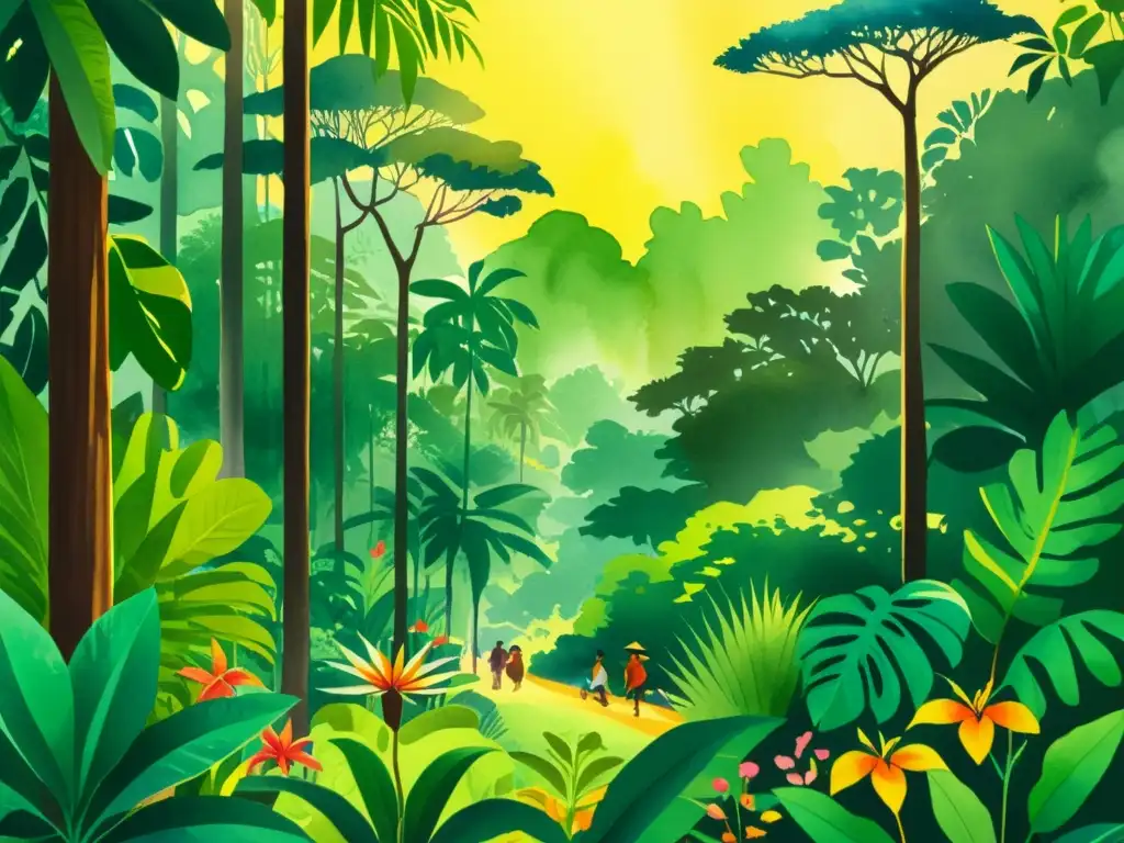 Vibrante ilustración acuarela de una escena diversa en la selva lluviosa, con flora exuberante, flores tropicales y árboles altos