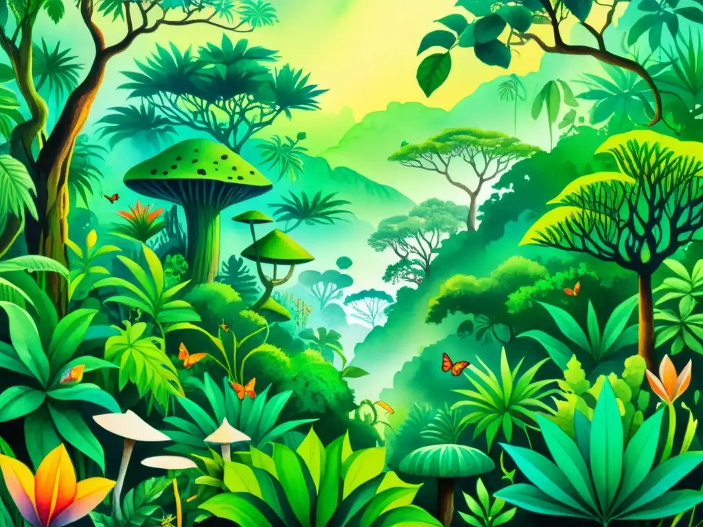 Una ilustración acuarela vibrante de una escena exuberante de la selva tropical, con plantas enteógenas en la cultura y una atmósfera mística