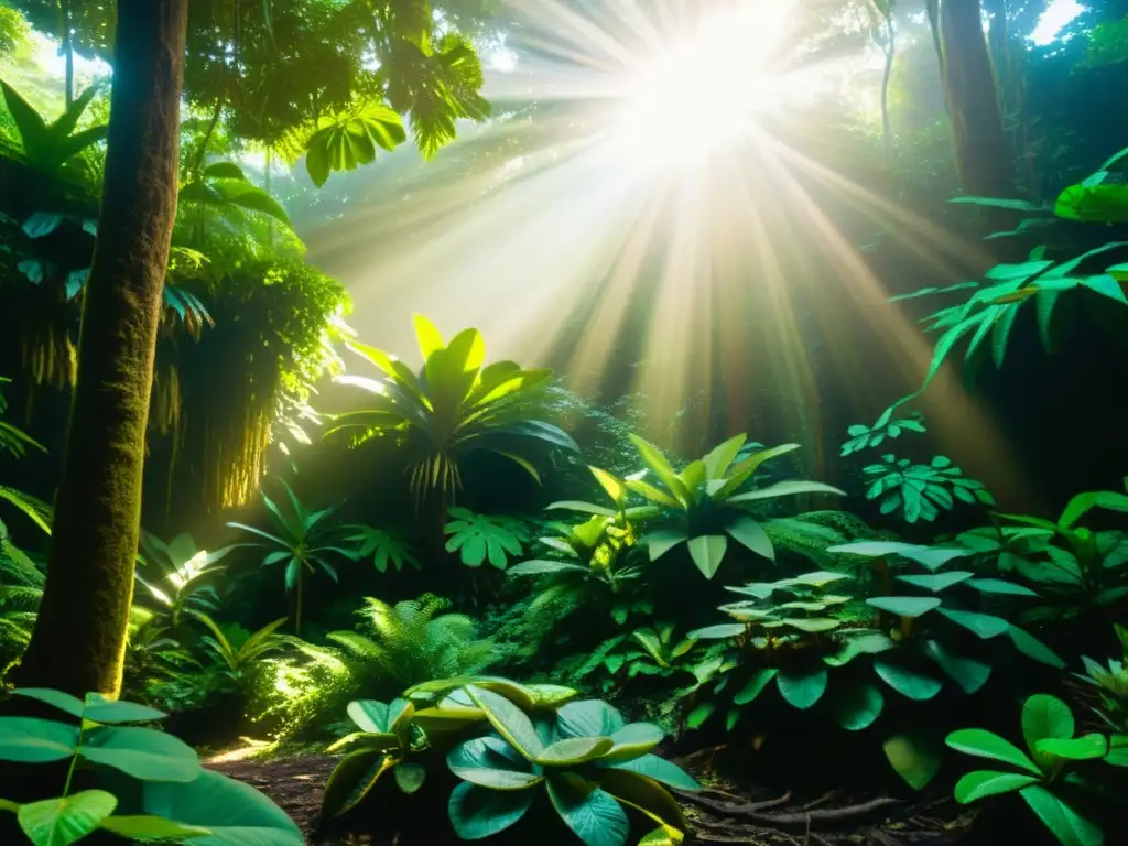 Vibrante escena de la selva tropical con plantas enteógenas en la cultura, donde chamanes indígenas cultivan en el bosque amazónico