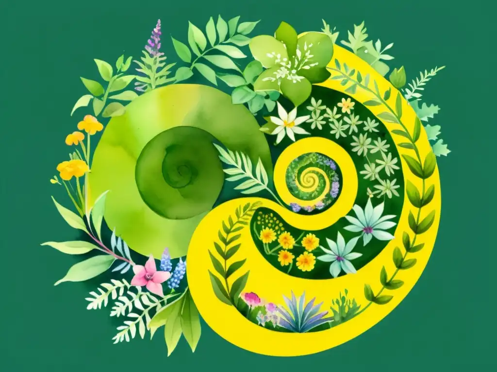 Vibrante ilustración acuarela de un jardín en espiral de hierbas en permacultura, con plantas aromáticas y flores coloridas en armonioso diseño