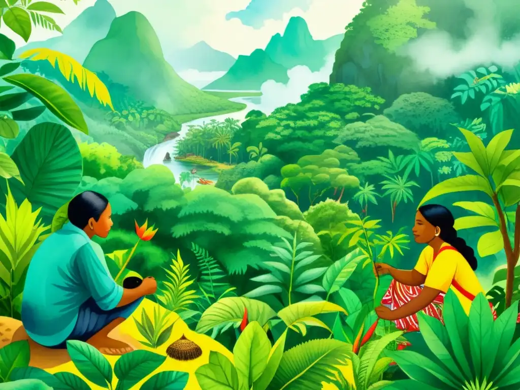 Vibrante ilustración acuarela de la preservación saberes etnobotánica comunidades indígenas en exuberante escena de la selva