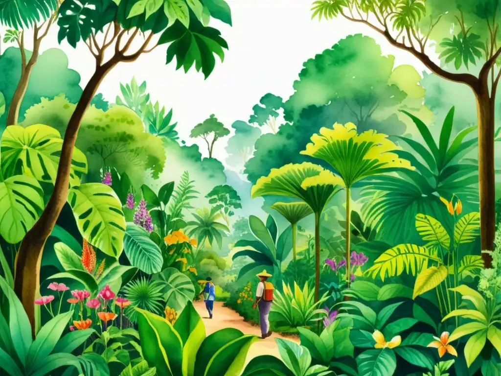 Expedición botánica para herbolaria: ilustración acuarela vibrante de exóticas plantas en la selva tropical, con botánicos fascinados