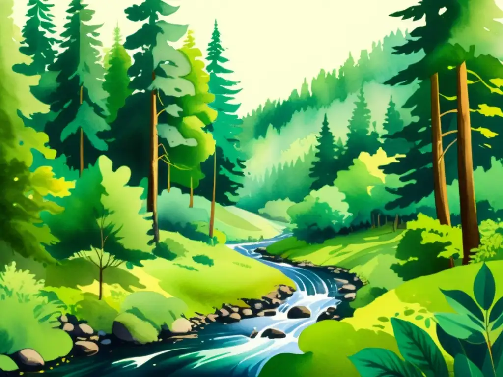 Una ilustración acuarela vibrante de un exuberante bosque con árboles majestuosos, follaje verde vibrante y un arroyo sereno