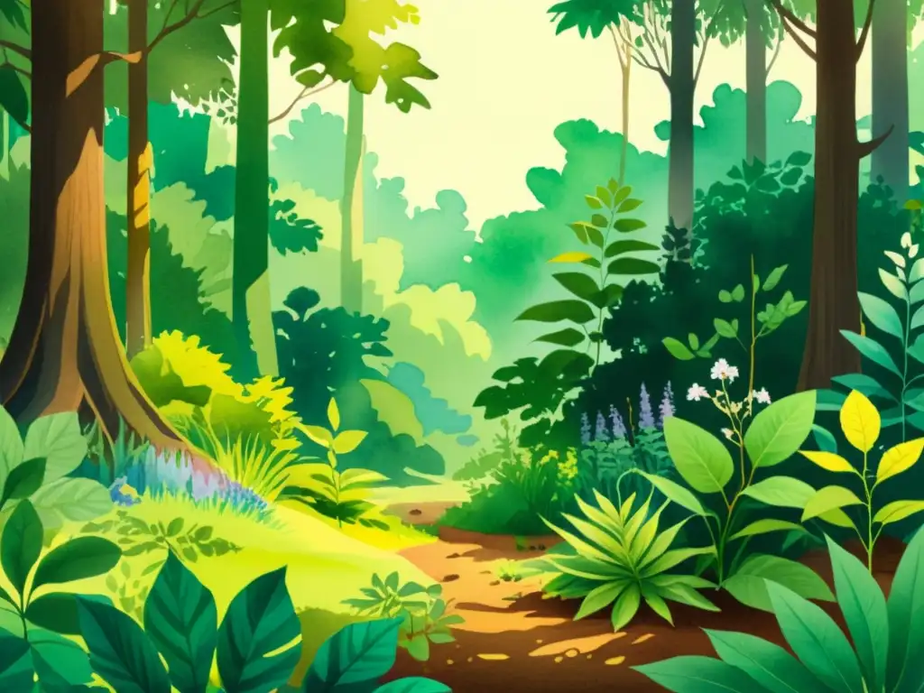 Una ilustración acuarela vibrante de un exuberante bosque con plantas medicinales