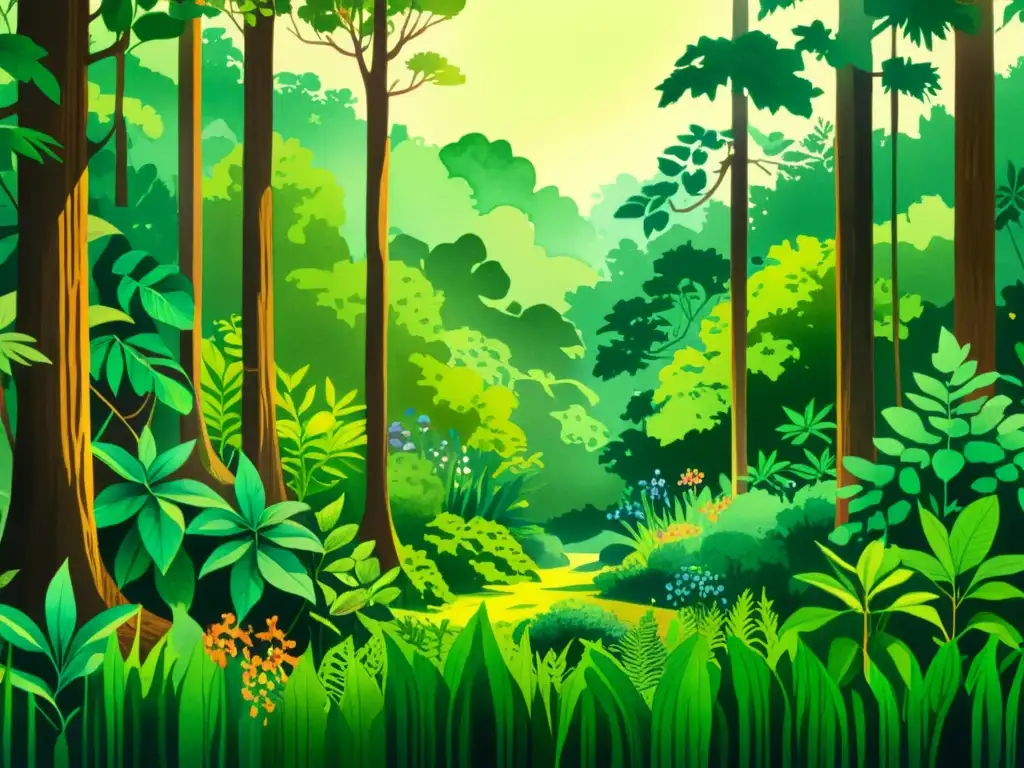 Vibrante ilustración acuarela de exuberante bosque con plantas medicinales adaptógenas beneficios, detalle y belleza natural