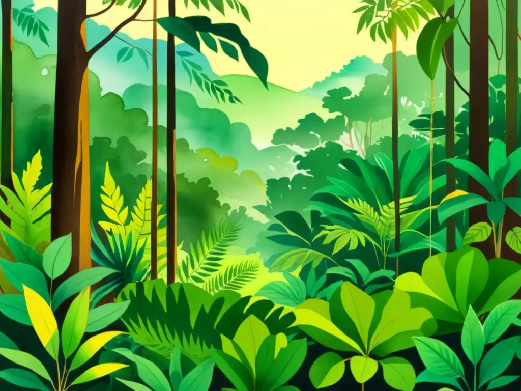 Vibrante ilustración acuarela de un exuberante bosque tropical en Latinoamérica, resaltando las hierbas medicinales y los beneficios de hierbas medicinales latinoamérica