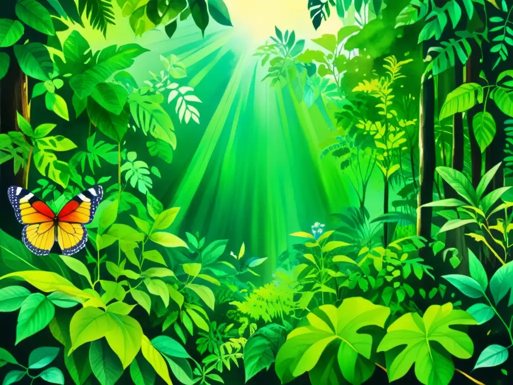 Una ilustración vibrante de un exuberante bosque tropical con plantas medicinales detalladas, dappled con luz solar, mariposas y la atmósfera de exploración virtual de ecosistemas de plantas medicinales