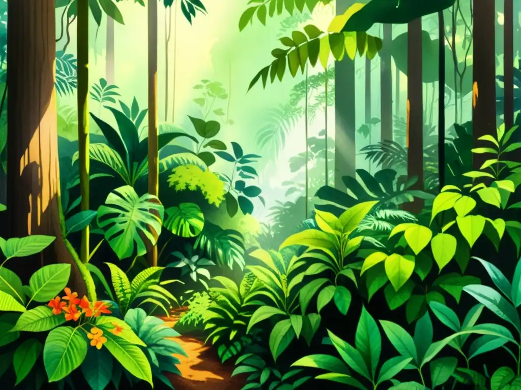 Vibrante ilustración acuarela de un exuberante bosque tropical con nuevas especies de plantas medicinales, cuidadas por botánicos