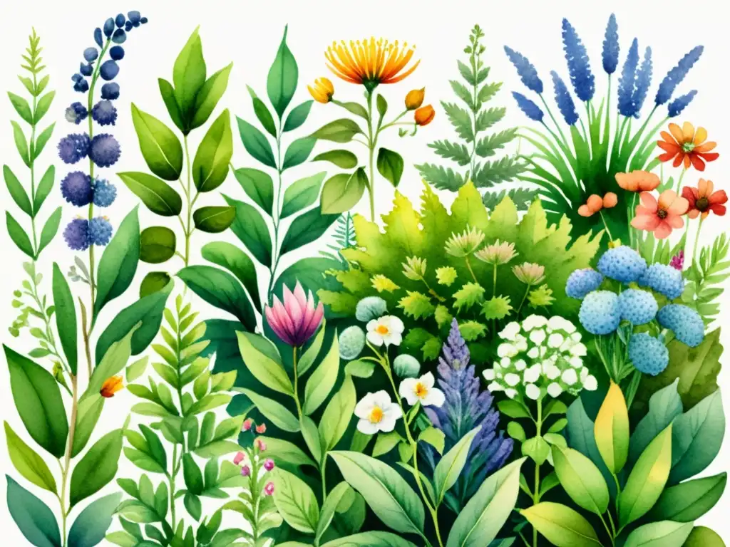 Vibrante ilustración acuarela de un exuberante jardín estacional de cultivo de plantas medicinales, detalladas y coloridas