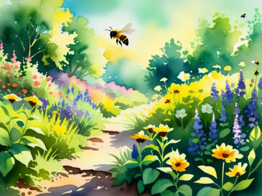 Un jardín vibrante y exuberante con flores coloridas y abejas ocupadas, que muestra los beneficios terapéuticos de la apiterapia en la naturaleza