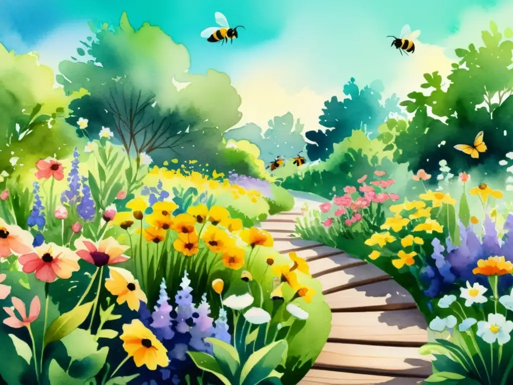 Una ilustración acuarela vibrante de un jardín exuberante con flores coloridas, abejas y mariposas