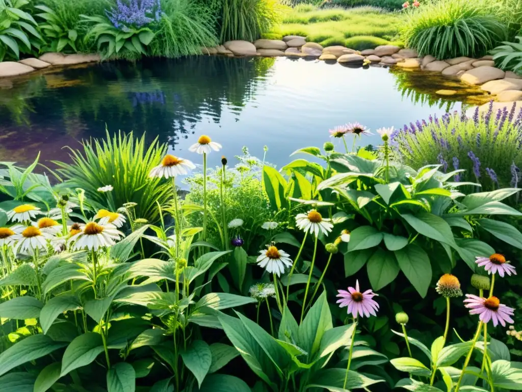 Una ilustración acuarela vibrante de un exuberante jardín con plantas medicinales como equinácea, manzanilla y lavanda