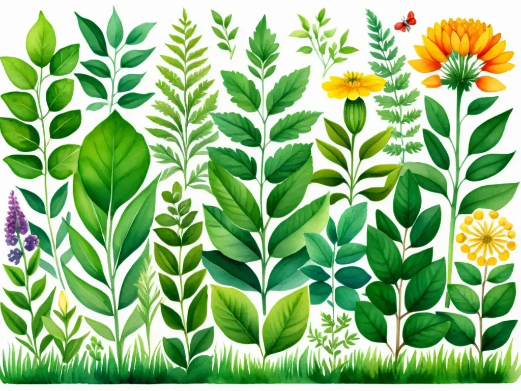 Vibrante ilustración acuarela de un exuberante jardín de plantas medicinales en rotación cultivos