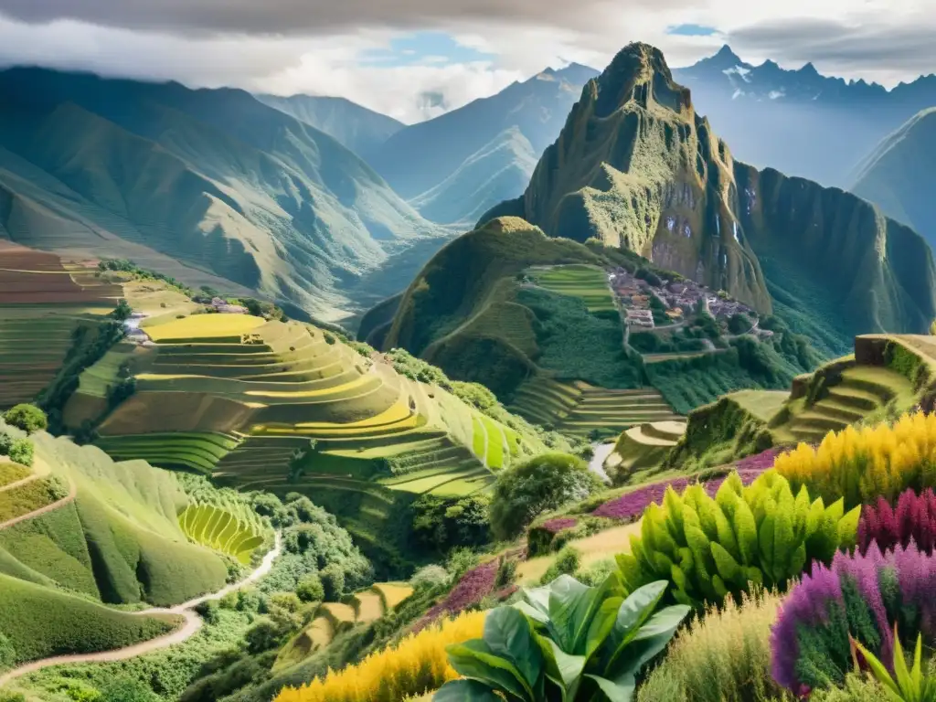 Una ilustración vibrante de un exuberante paisaje andino con plantas medicinales en detalle, bajo la atenta mirada de los imponentes picos andinos