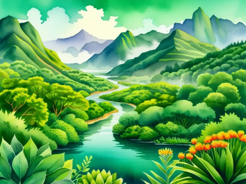 Una ilustración acuarela vibrante de un exuberante paisaje, con la planta San Pedro en el centro rodeada de flora y fauna