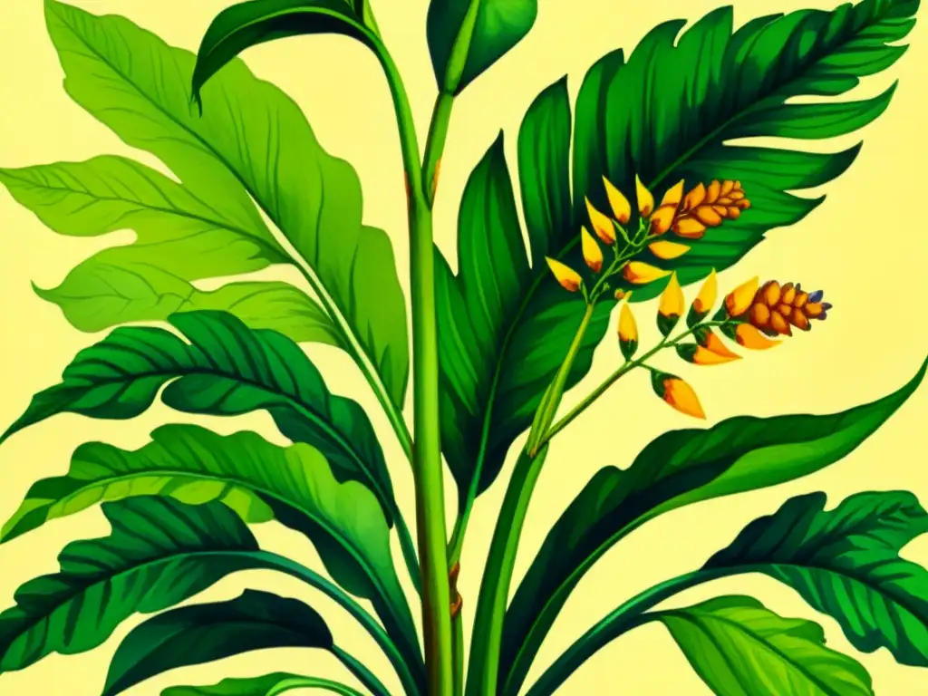 Una ilustración acuarela vibrante de una exuberante planta de cúrcuma con detalles detallados de hojas, raíces y rizomas anaranjados-amarillos