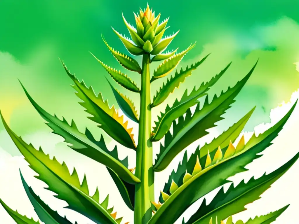 Una ilustración acuarela vibrante de una exuberante planta de sábila con hojas carnosas en tonos verdes, alcanzando hacia el cielo