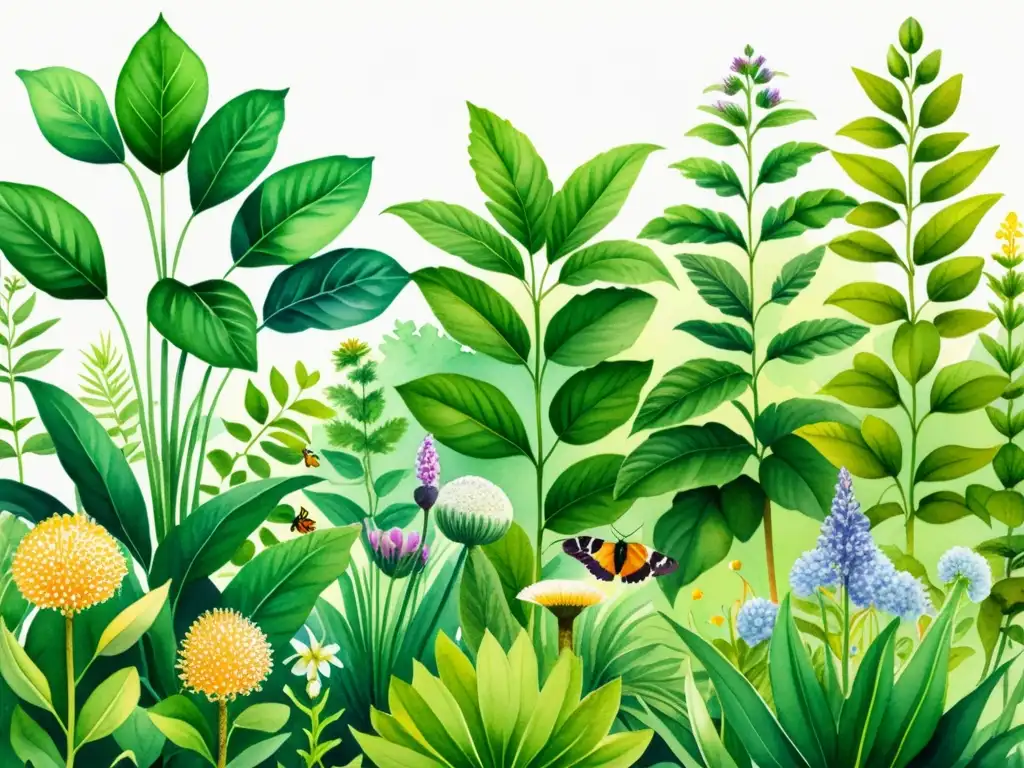 Una ilustración acuarela vibrante de un exuberante jardín botánico con plantas medicinales, detalladas y coloridas