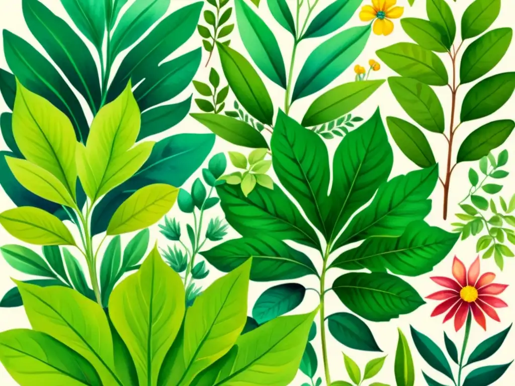 Una ilustración acuarela vibrante de un exuberante jardín botánico con plantas medicinales