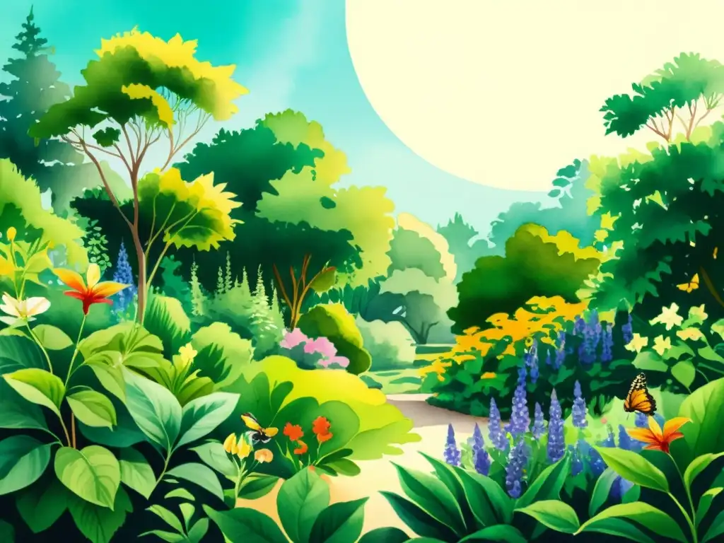 Una ilustración acuarela vibrante de un exuberante jardín botánico con plantas medicinales en plena floración