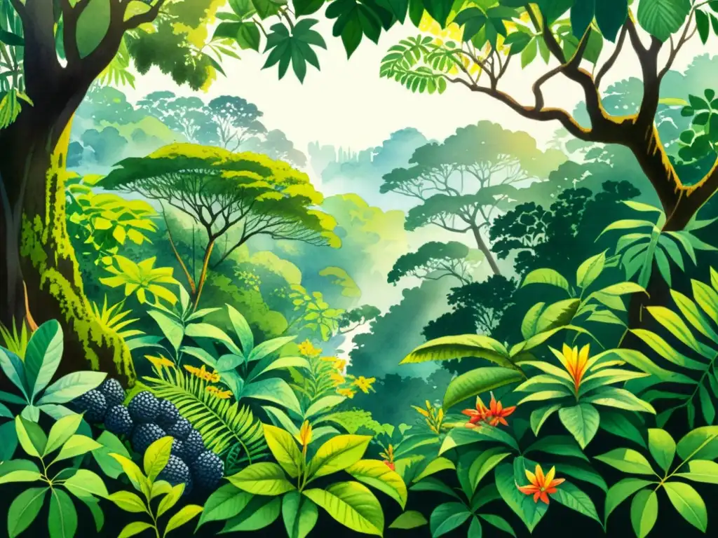 Vibrante ilustración acuarela de la exuberante selva amazónica, con plantas medicinales en cultivo y aplicaciones terapéuticas