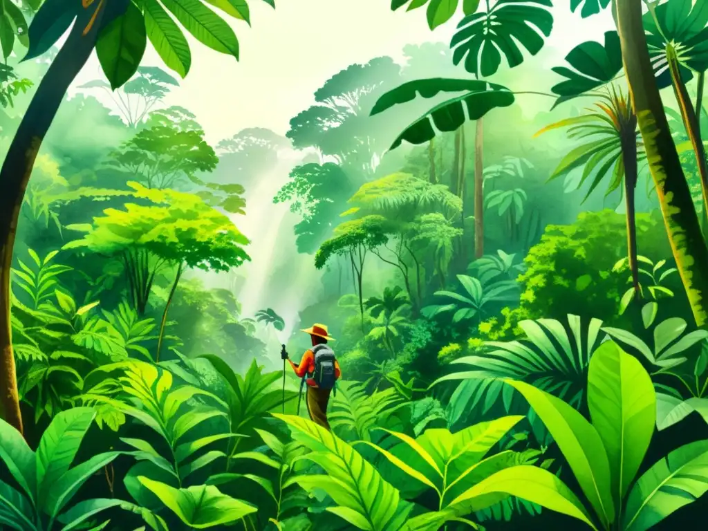 Vibrante ilustración de una exuberante selva con exploradores documentando especies