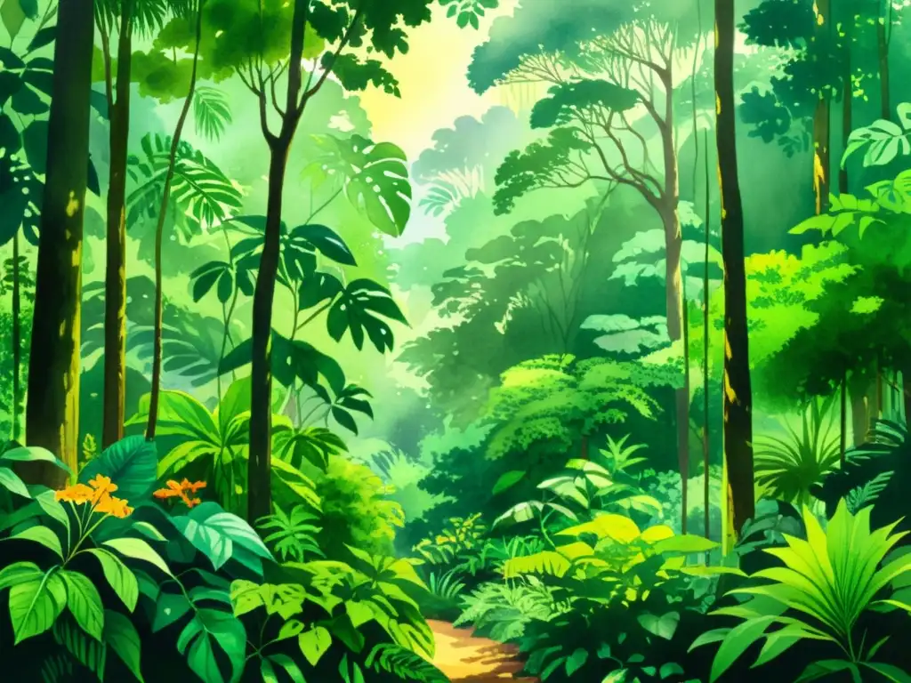 Vibrante ilustración acuarela de exuberante selva con plantas medicinales