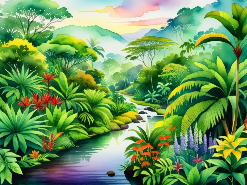 Una ilustración vibrante de una exuberante selva precolombina, con plantas medicinales en tonos vivos