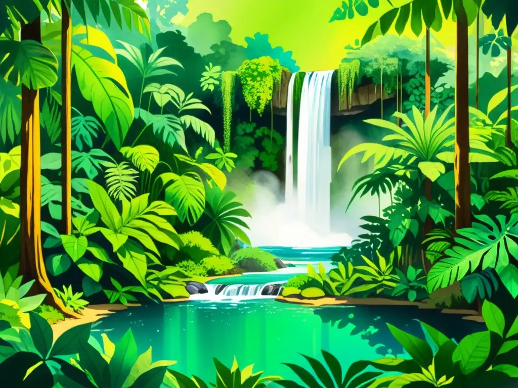 Vibrante ilustración de una exuberante selva tropical con cascada, plantas medicinales y luz filtrada