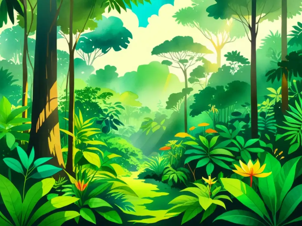 Vibrante ilustración de una exuberante selva tropical con plantas medicinales