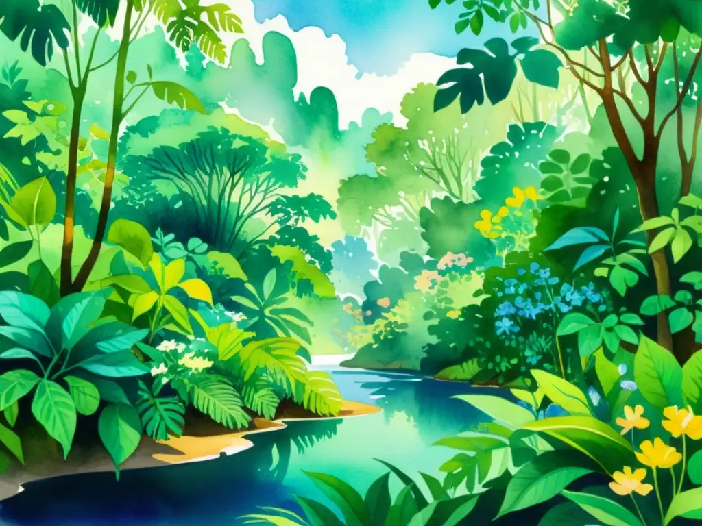 Una ilustración vibrante de una exuberante selva tropical llena de plantas medicinales, con aplicaciones terapéuticas de plantas medicinales