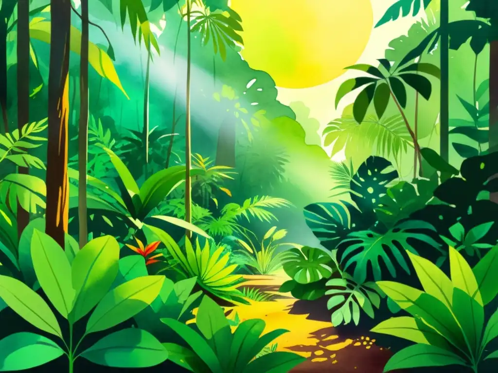 Una ilustración vibrante de una exuberante selva tropical, llena de vida vegetal diversa y colores vibrantes