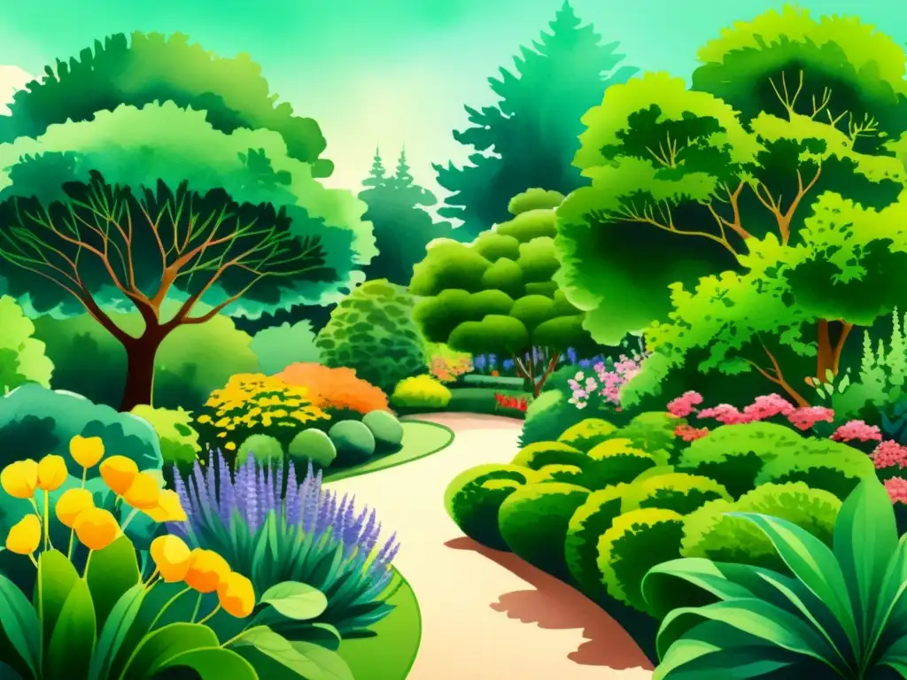 Una ilustración acuarela vibrante de un exuberante jardín botánico, con vida vegetal diversa