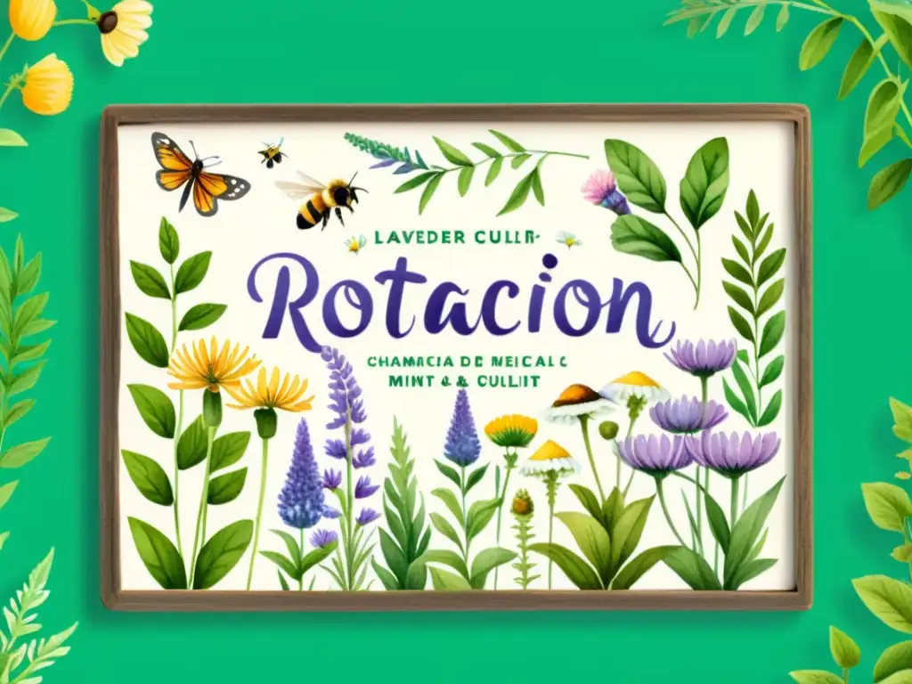 Una ilustración vibrante de un jardín floreciente con plantas medicinales, abejas y mariposas