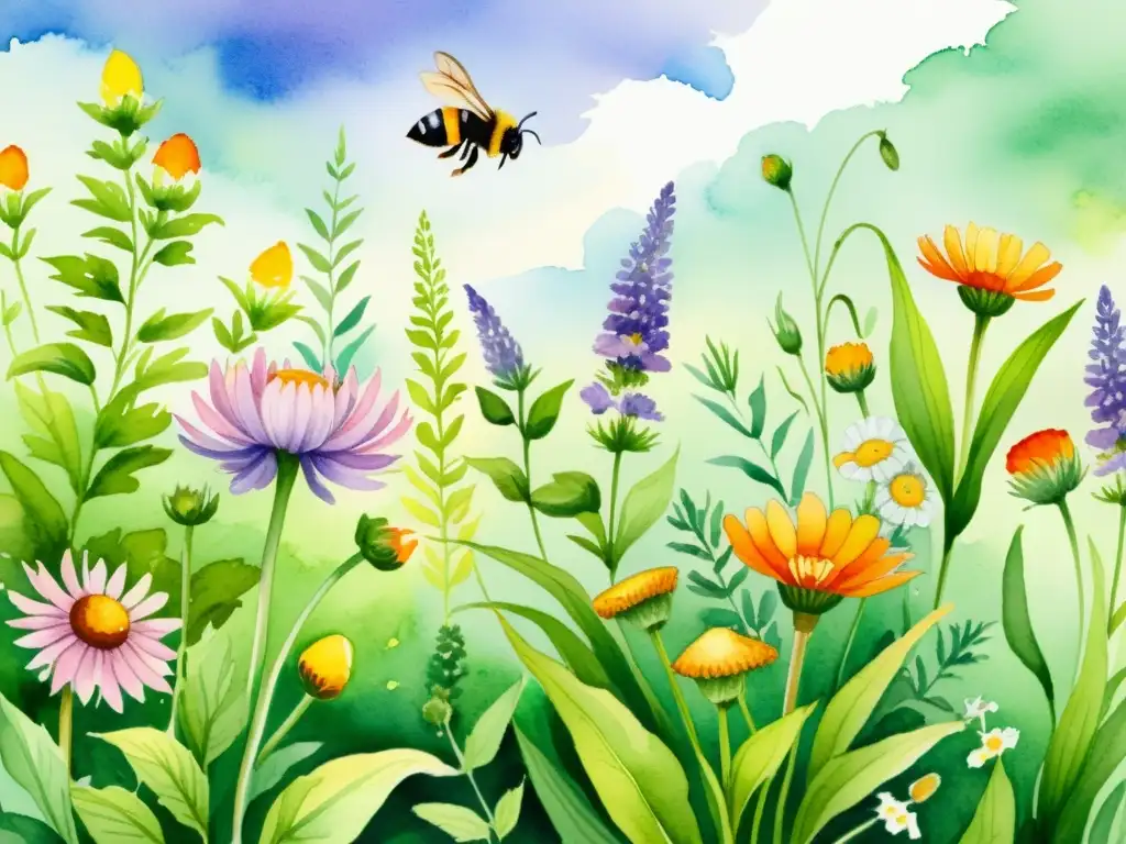 Jardín medicinal: flores vibrantes en acuarela Un jardín vibrante de flores medicinales como lavanda, manzanilla, equinácea y caléndula en plena floración