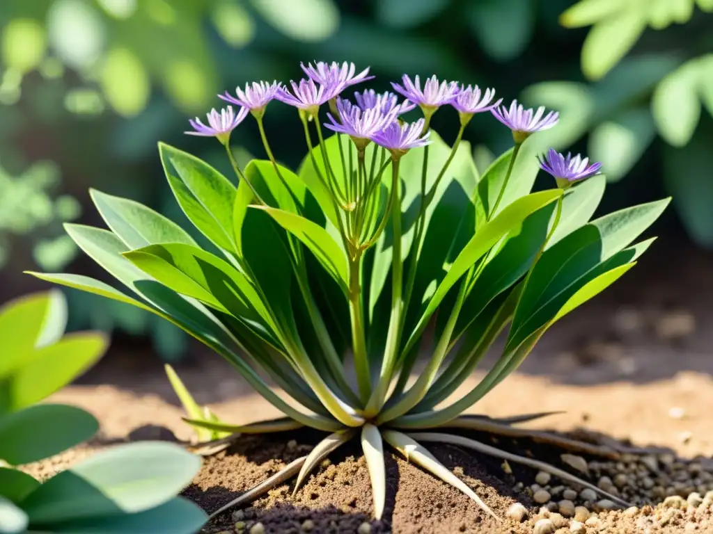 Una ilustración acuarelada vibrante del harpagofito en plena floración, con detalles intrincados de sus hojas dentadas, delicadas flores blancas y moradas, y raíces retorcidas