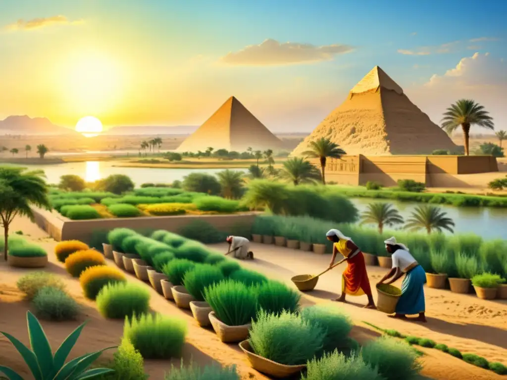 Vibrante ilustración de la herbolaria en el Antiguo Egipto: campesinos cosechando plantas medicinales cerca de las majestuosas pirámides y el río Nilo