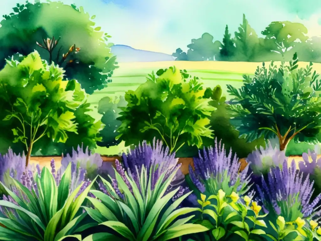 Jardín de hierbas aromáticas: un paraíso vibrante Vibrante jardín de hierbas aromáticas en acuarela, guía cultivo jardín aromaterapia hierbas, con colores y vida