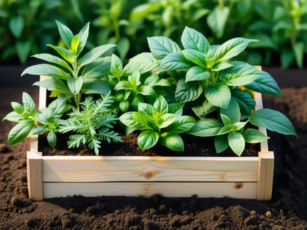 Vibrante jardín de hierbas para la dieta DASH, detallado en acuarela, con plantas de albahaca, romero, tomillo y perejil en un lecho elevado