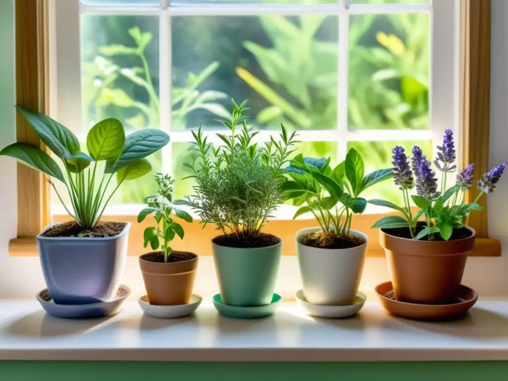 Vibrante ilustración de jardín de hierbas interior con plantas medicinales en macetas decorativas